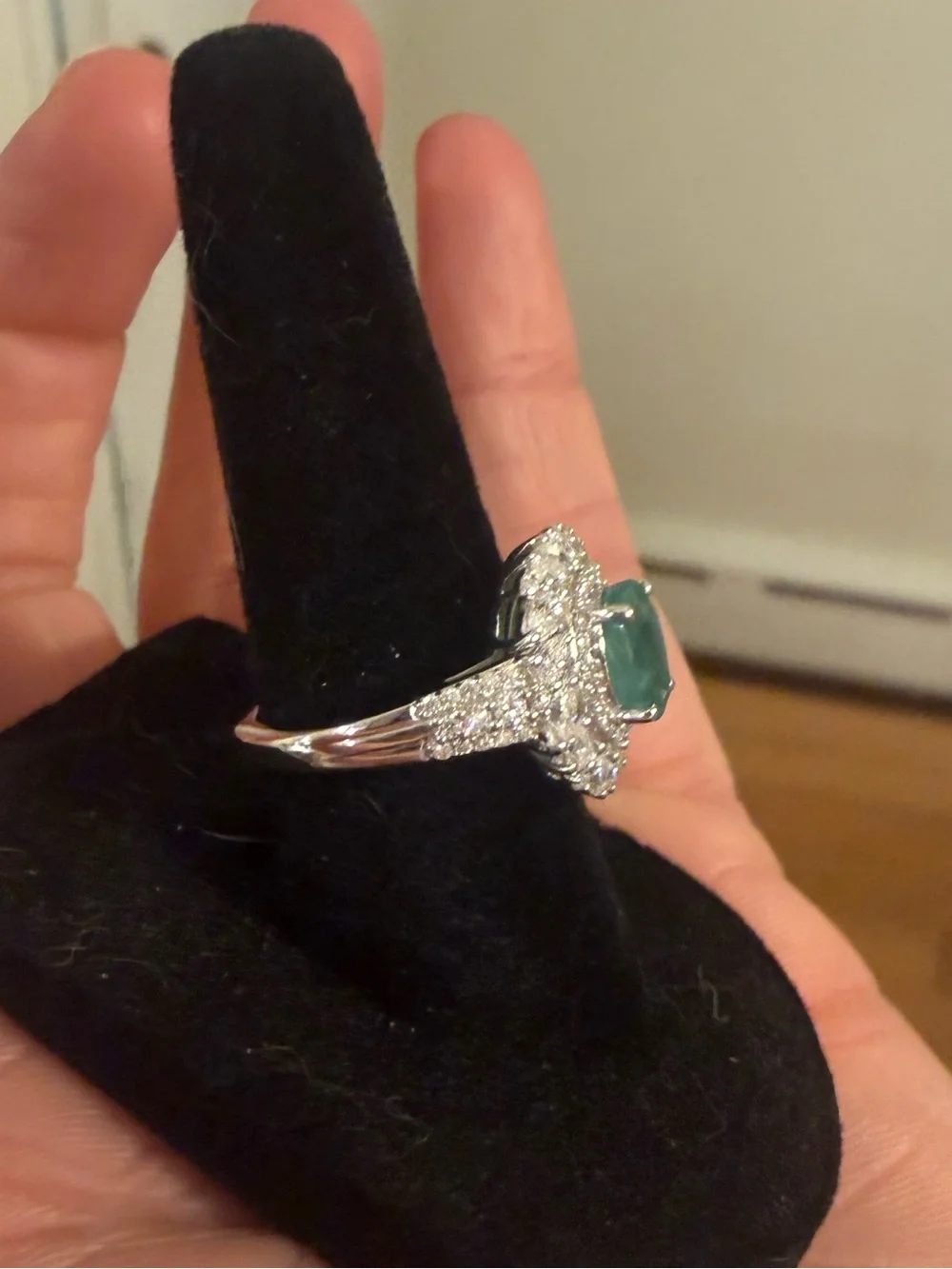 DJoy Womens Kagem Zambian Emerald/ Moissanite Floral Burst Halo Engagement Ring